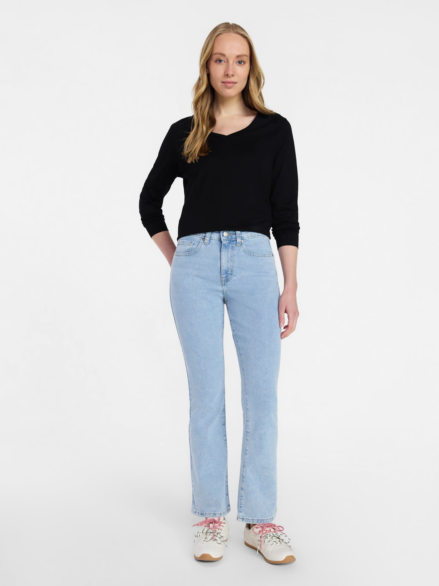 Time and Tru Women's Cotton V-Neck Tee with Long Sleeves, Sizes XS-XXXL