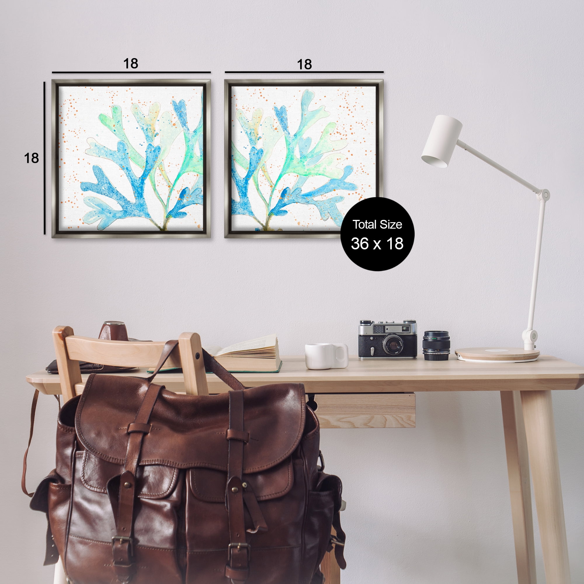 Stupell Industries Speckled Blue Green Coral Plants & Flowers Painting Gray Floater Framed Canvas Art Print Wall Art, 18 x 18, Set of 2