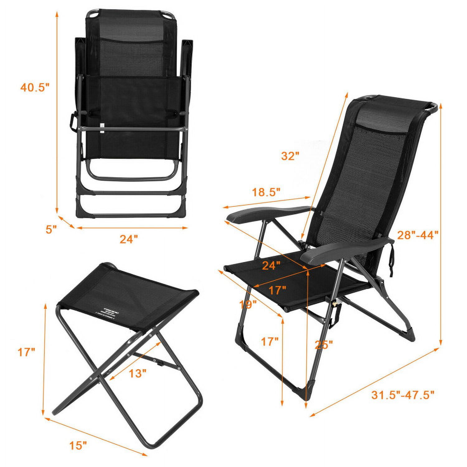 Aimee Lii 4 Pieces Patio Adjustable Back Folding Dining Chair Ottoman Set-Black, Outdoor Patio Set