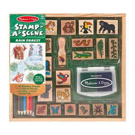 - Melissa & Doug Stamp-a-Scene Stamp Set: Rain Forest - 20 Wooden Stamps, 5 Colored Pencils, and 2-Color Stamp Pad