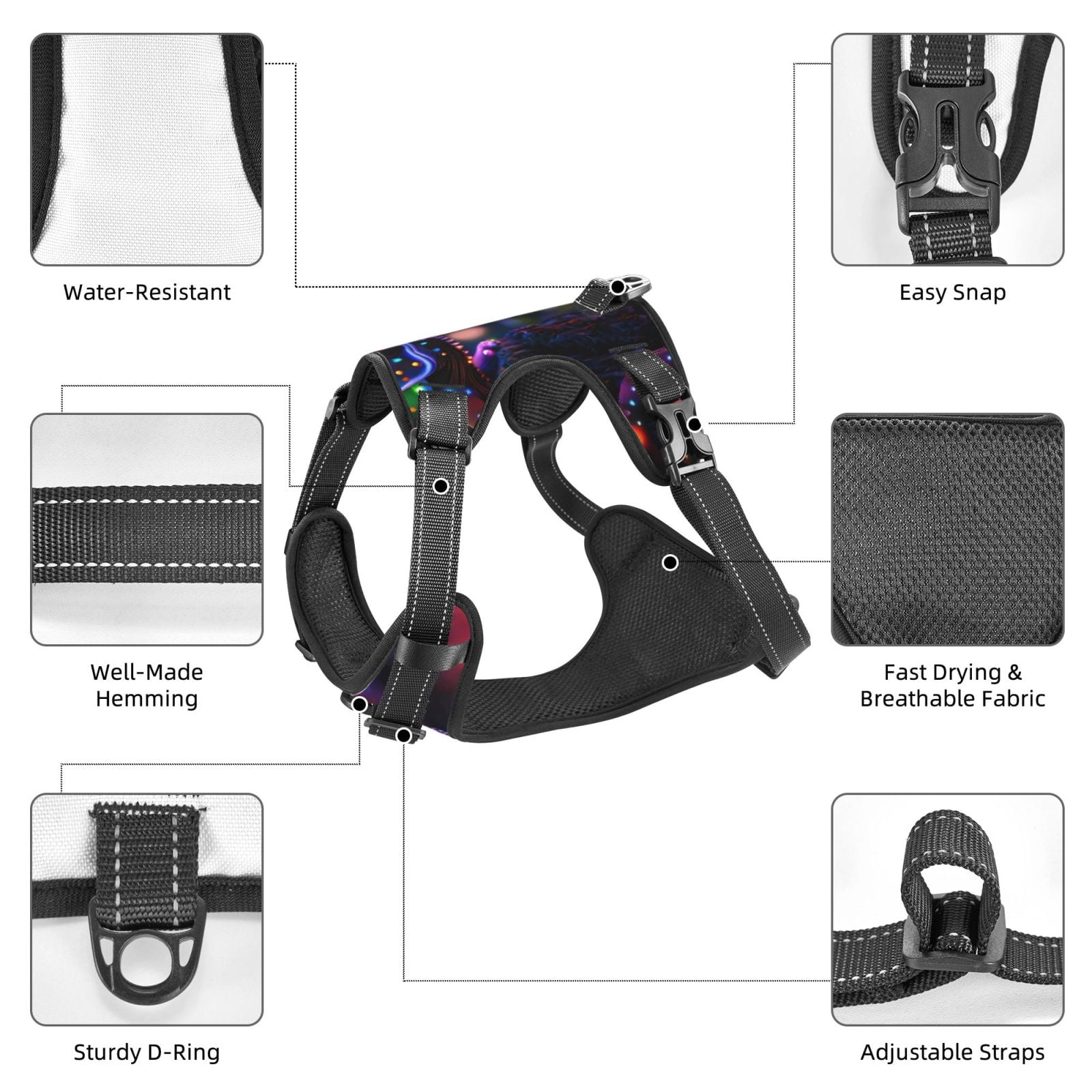 Kdxio Glowing Chameleon Fantasy Art Print No Pull Dog Harness Adjustable Reflective Oxford Easy Control Medium Large Dog Harness for Training and Everyday-Large