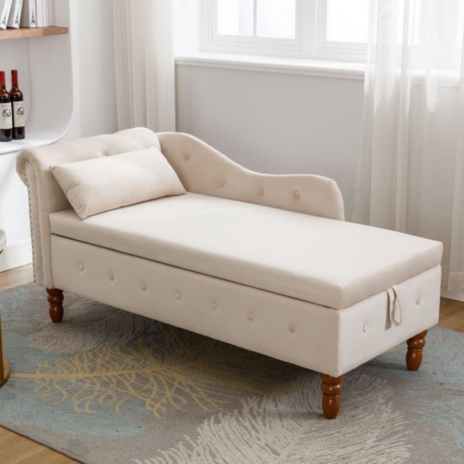 Velvet Chaise Lounge Chair with Storage, Upholstered Chesterfield Lounge Chair with Rolled Arm, Tufted Back, Pillow & Hidden Storage for Living Room, Bedroom & Office, Beige