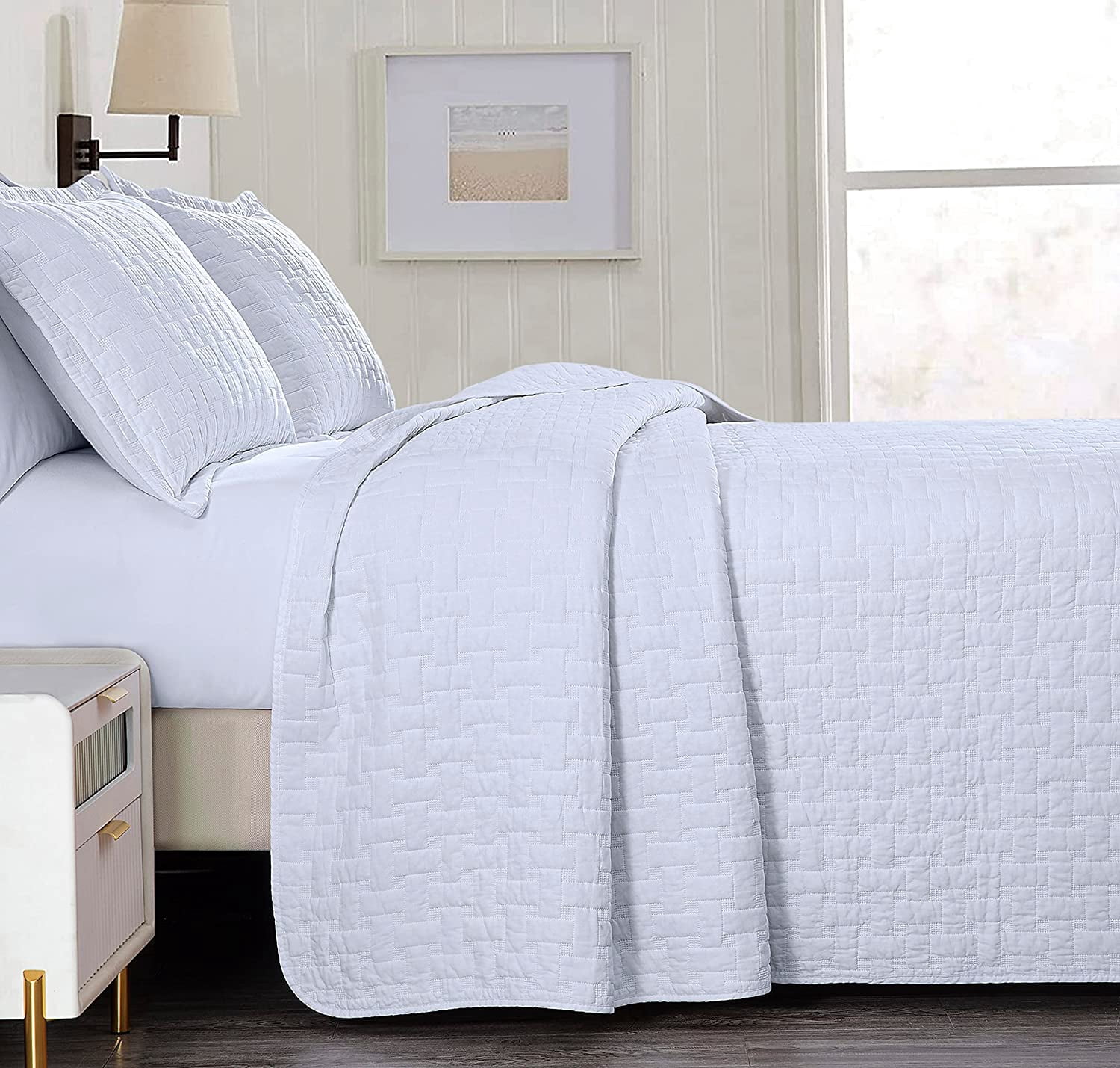 Chezmoi Collection Vert 3-Piece 100% Cotton Quilt Set King Size, White, Modern Basketweave Stitched Quilt Lightweight Washed Cotton Bedspread for All Season