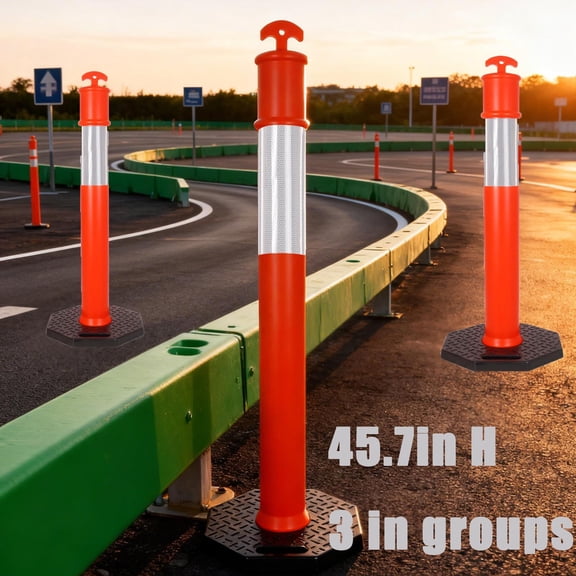 45.7 Inch 3 Pack Garage Parking Aid with Base, Orange Traffic Delineator Posts Cones with Reflective Collars for Parking Lots, Road Safety, Construction Events