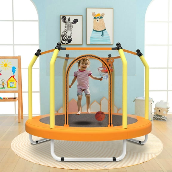 SHINPT 55" Toddler Trampoline with Enclosure, Child's Mini Trampoline for Boys&Girls, Indoor & Outdoor Kids Trampoline with Basketball Hoop, Entertainment Trampoline for Backyard, Patio