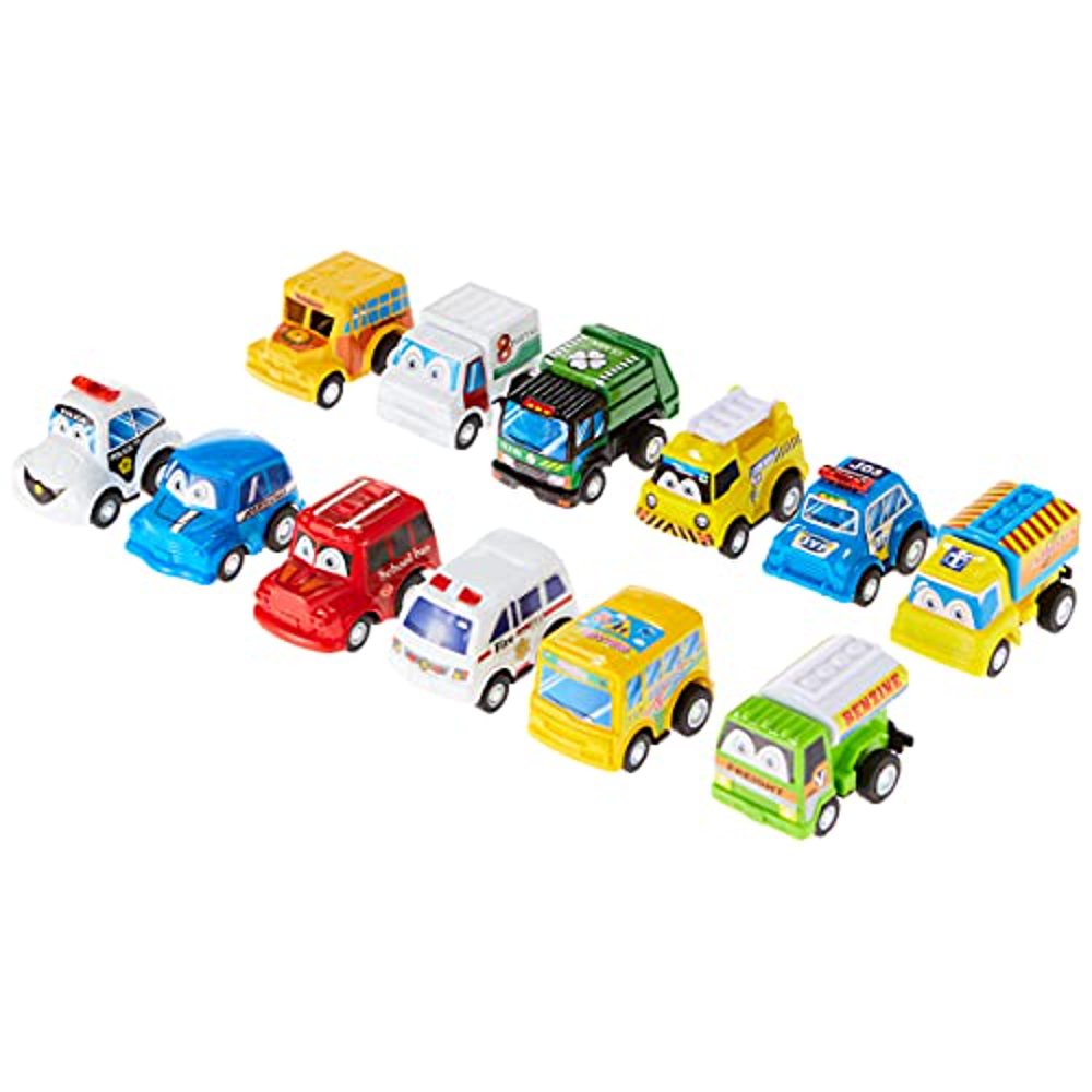 Pull Back Car, 12 Pack Assorted Mini Plastic Vehicle Set, Funcorn Toys
