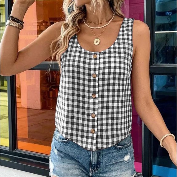 IYYVV Gingham Tops for Women Spring Summer Cotton Sleeveless Tank Top Casual Beach Cute Plaid Button Down Shirts Blouses 2026 Black XS
