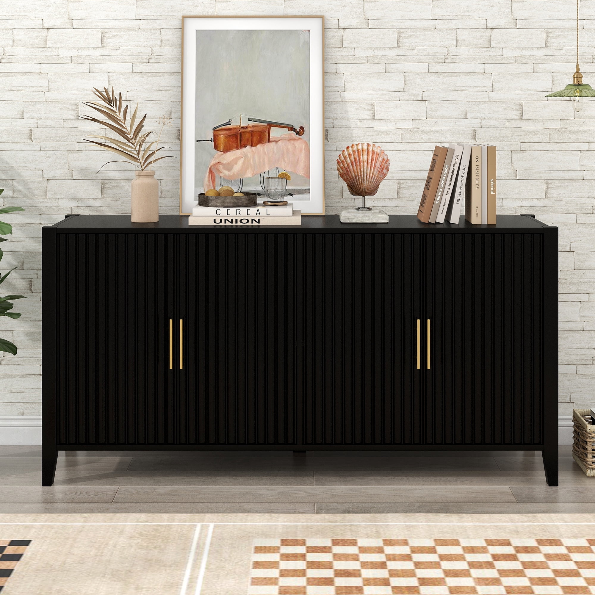 Mintazer 61" Fluted Sideboard Buffet Cabinet with 4 Door, Modern Wave Slatted Storage Credenza with Gold Metal Handles for Dining Room Living Room Entryway, Black