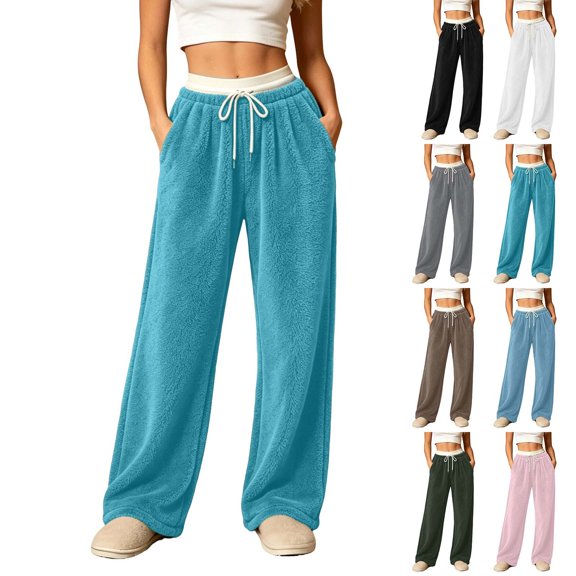 Tqcoqu Women's Contrast Waist Fuzzy Fleece Wide Leg Pants Drawstring Elastic Waist with Pockets Warm Casual Long Trousers