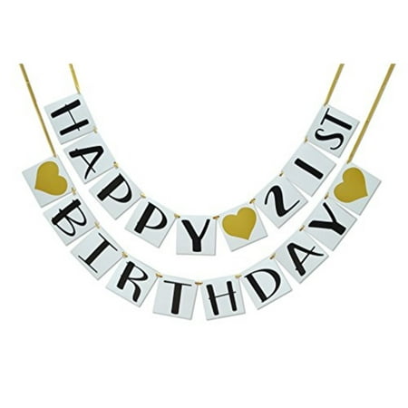 Happy 21st Birthday Banner - Gold Hearts and Ribbon - Birthday Decorations ... - Walmart.com