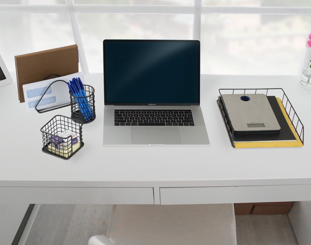Wire Metal 5 in 1 Desk Organizer Set - Letter Sorter, Pencil Holder, Stick Note Holder, Hanging File Organizer and Letter Tray, Black