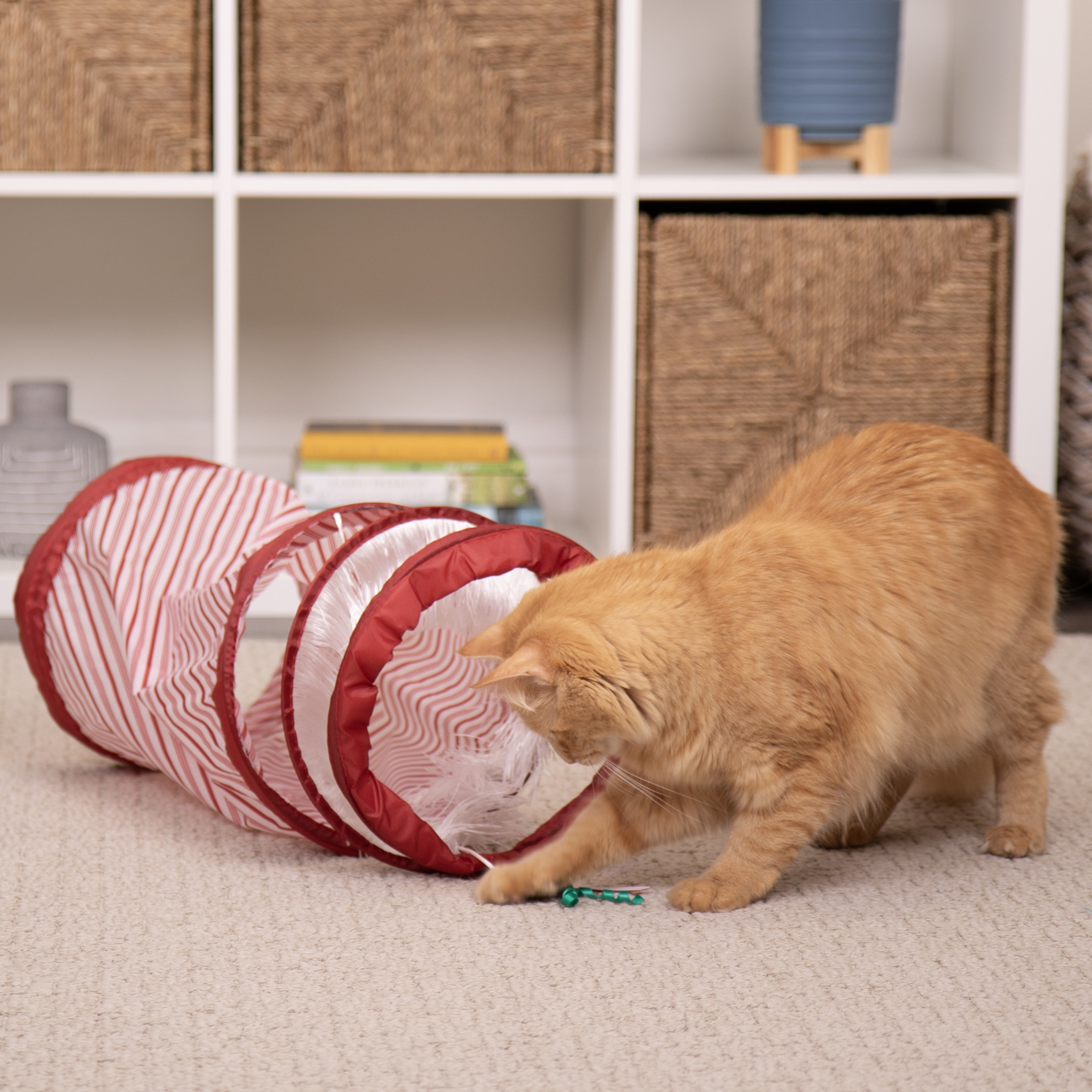 SmartyKat Holiday Fringe Frenzy Candy Cane Spring-Ended Tunnel Cat Toy with Fringe & Teaser Toys, 3 in 1