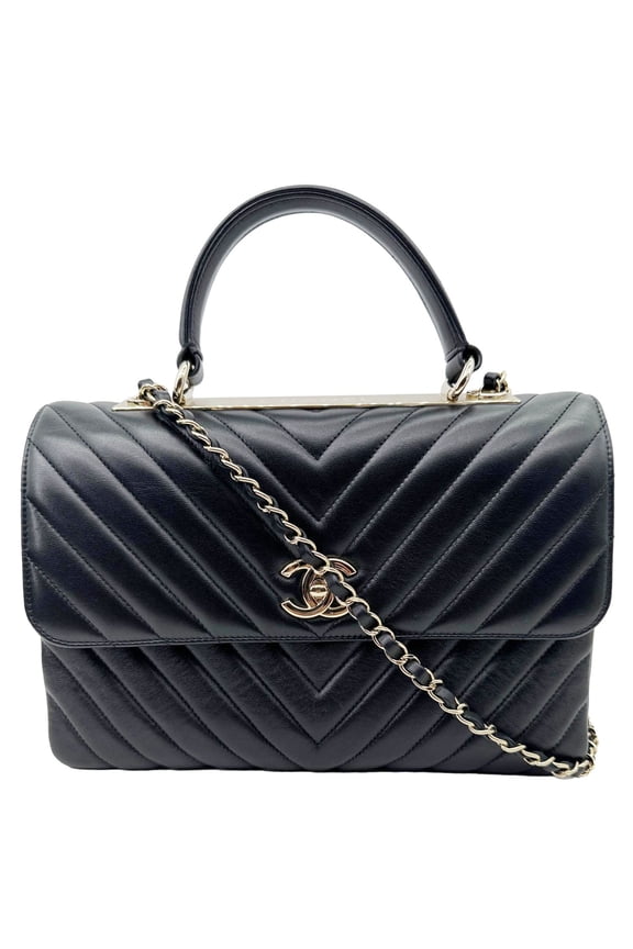 Pre-Owned Chanel Trendy CC Medium Chevron Leather Top Handle Shoulder Bag Black