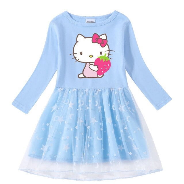 Hello Kitty Spring and Autumn New Girls Cotton Cute Cartoon Print Dress Star Moon Net Yarn Long Sleeve Pleated Princess Dress