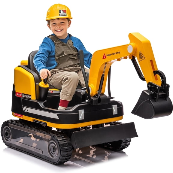 COSVALVE 12V12AH 2in1 Kids Ride On Excavator & Bulldozer Electric Powered Traxcavator 360°with 3 Speeds,Music,Toolbox,Remote Control(Yellow)