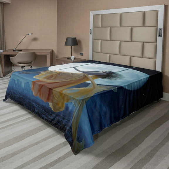 Ambesonne Space Flat Sheet, Swing in the Sky Moon, King Size, Dark Blue and Grey