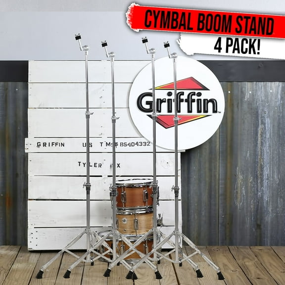 4-PACK Straight Cymbal Stand Set | Griffin Percussion Chrome Drum Hardware Kit