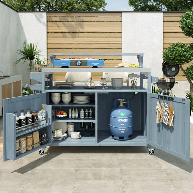 Euroco Îlot de Cuisine Extérieur avec Tablette Surélevée, Armoire de Rangement en Bois Massif avec Dessus en Acier Inoxydable, Chariot de Gril Roulant Extérieur avec Étagère de Rangement Interne, Tablette Ajustable, Porte-Épices, Gris et Bleu
