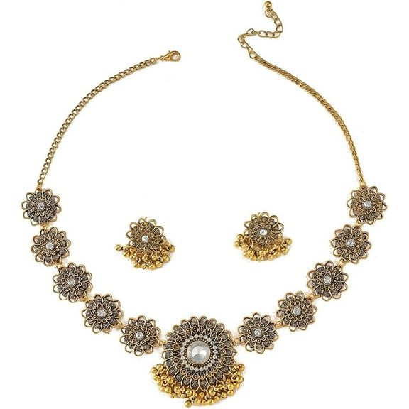 Bollywood Indian Jewelry Sets for Women Wedding Party Jewelry Flower Tassel Beaded Dangle Earring Oxidized Indian Choker Necklace Gold Plated Zirconia Jhumkas Chandelier Earrings Boho Jewelry