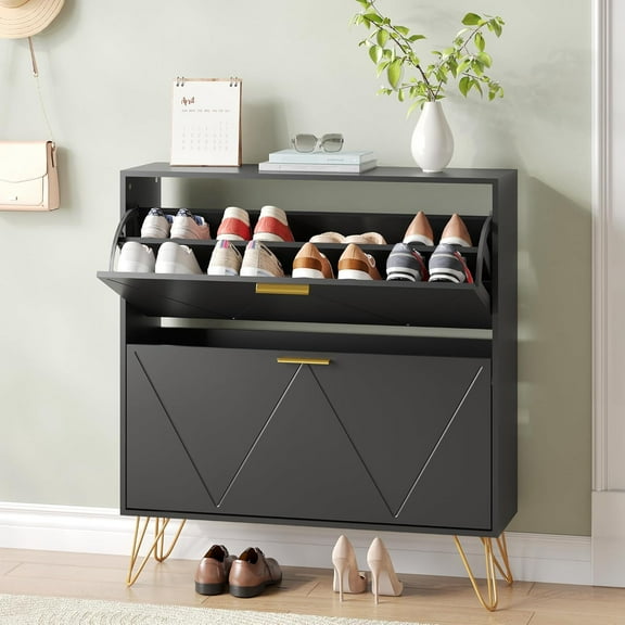 Shoe Storage Cabinet with 2 Flip Drawers, Shoe Cabinet Storage Entryway Slim, Black Narrow Shoe Cabinet w/Gold Handles & Metal Legs, Hidden Freestanding Shoe Organizer for Hallway
