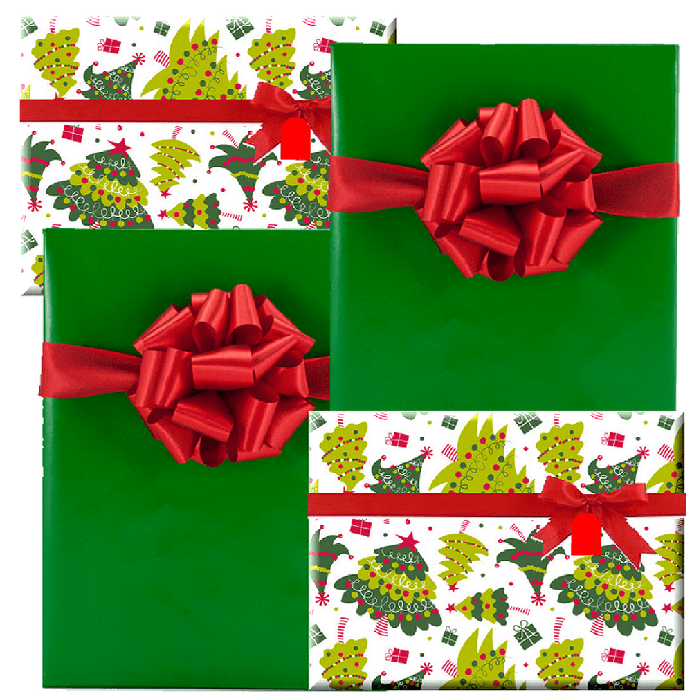 Set of 4 (2 Whimiscal Grinch Trees 2 Solid Green) Holiday/Christmas Deluxe- Gift Wrap Wrapping