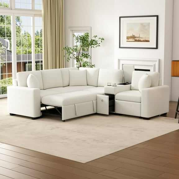 120" Sectional Sleeper Sofa with Pull Out Bed, L Shaped Chenille Cloud Couch with Cup Holders and Storage Drawer for Living Room, White
