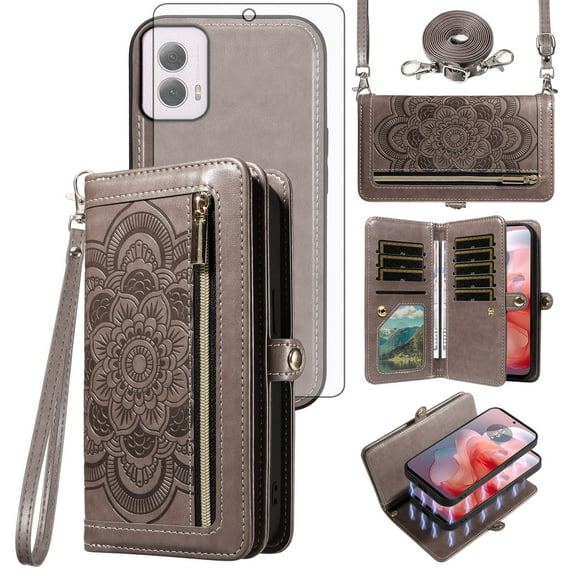 Asuwish Phone Case for Motorola Moto G Power 5G 2024 Zipper Wallet Detachable Cell Cover with Tempered Glass Screen Protector Crossbody Lanyard Strap Flower Flip Card Holder Slot G5 Women Girls Gray