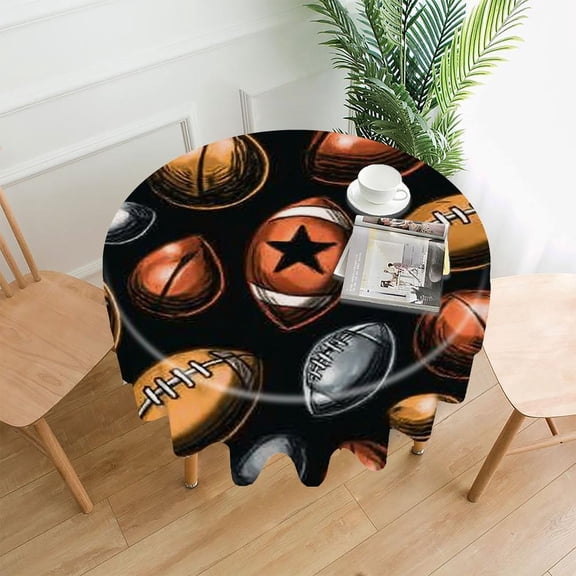 RKSupls 60 Inch Round Tablecloth, Footballs Pattern Black Premium Polyester Straight Edge Wrinkle Resistant Washable Table Cover for Party Home Dining Decor