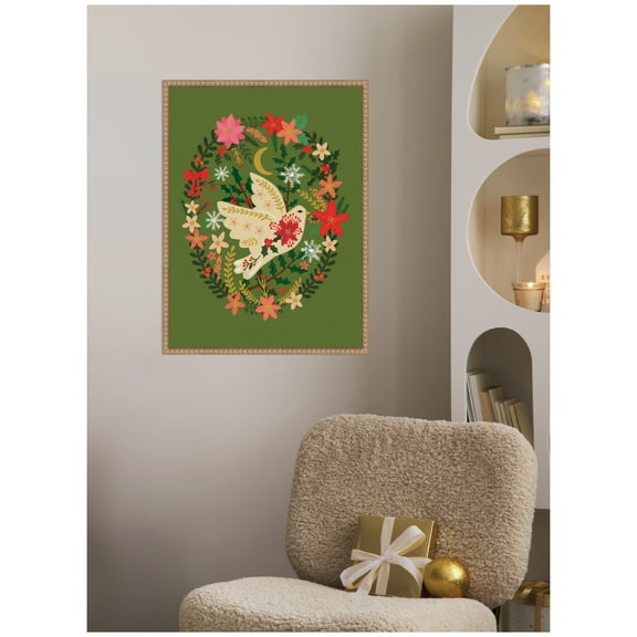 Kate and Laurel Framed Canvas Wall Art Print 'Dove Christmas' by Mia Charro, 18 x 24 Sylvie Beaded Rustic Natural Frame, Whimsical, Holiday Art for Wall Decor