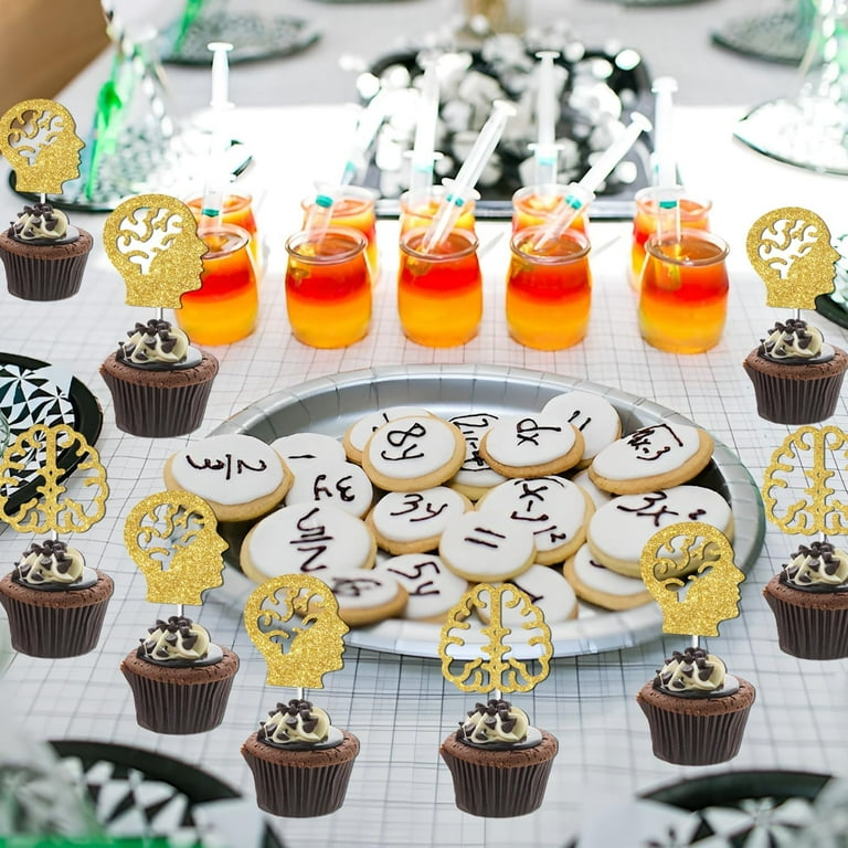 24Pcs Gold Glitter Brain Cupcake Toppers - Neurology Party Cake Decorations