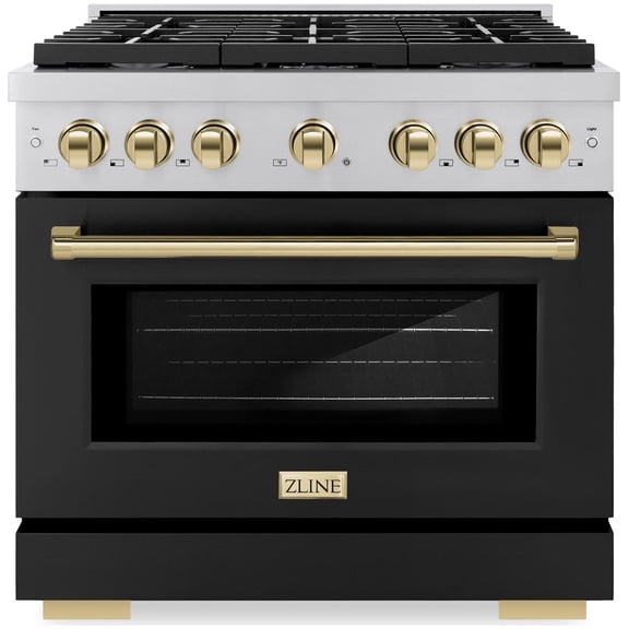 ZLINE Autograph Edition 36 in. 5.2 cu. ft. Paramount Gas Range with 6 Burner Cooktop and Convection Gas Oven in Stainless Steel with Black Matte Door and Polished Gold Accents (SGRZ-BLM-36-G)