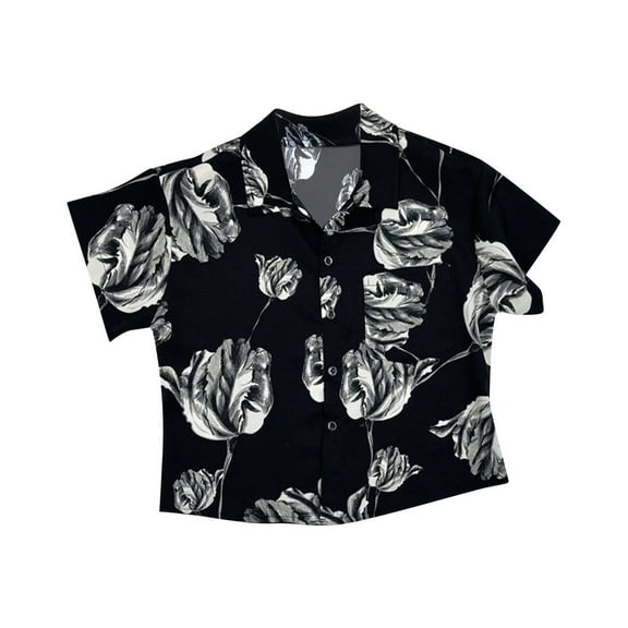 Akiihool Kids Hawaiian Shirt Boys Toddler Boys Short Sleeve Summer Casual Cartoon Prints Gentleman Tops Hawaii Beach Holiday Floral Shirts T Shirt(Black,4-5 Years)