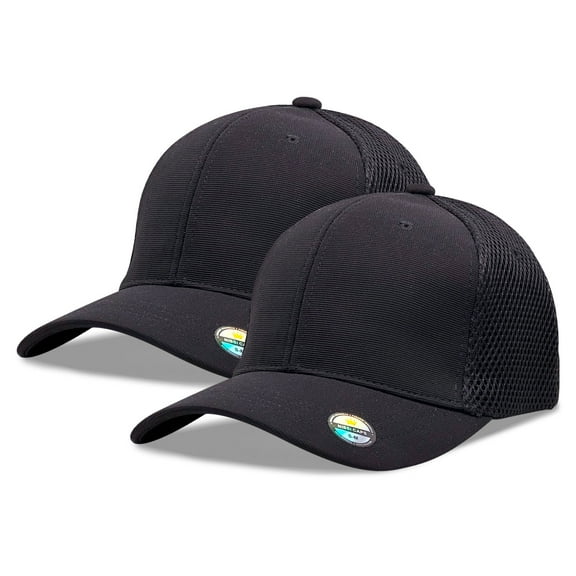 [2 Pack] Hybrid Stretch-Fitted Trucker Cap, Baseball Cap with Air Mesh Black S/M