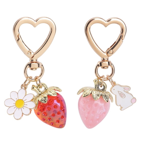 2pcs Cute Strawberry Keychains, Kawaii Heart Rabbit Daisy Flower Keyrings Fruit Key Chain Purse Bag Charm Accessories Decors Gifts