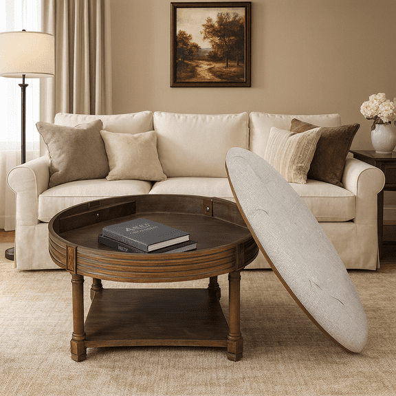 Large Round WaterProof Ottoman Coffee Table 2 Tier Oversized Button Tufted Ottoman with Wooden Shelf Storage Farmhouse Upholstered Coffee Table Living Room Footstool Ottoman Linen(Light Gray)