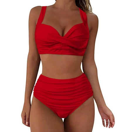 gdxvjhbj Women s Bikini Swimsuits Women Two Piece Vintage Swimsuit Retro Halter Ruched High Waist Bikini with Bottom (Red L)