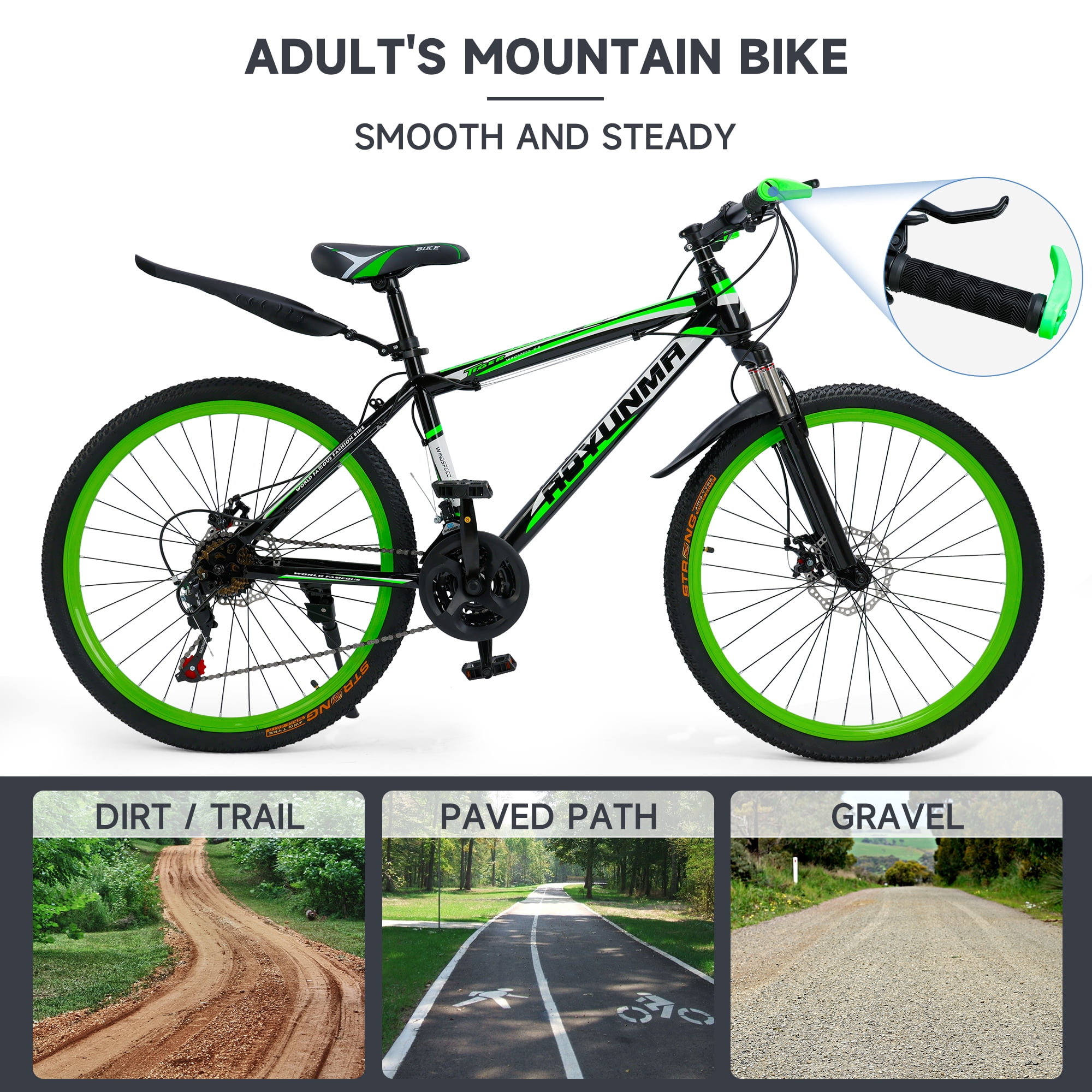 26" Mountain Bike for Men/Women, 24 Speed Shimano Twist Shifting, Front Suspension, Comfort Saddle Red/White/Blue/Green