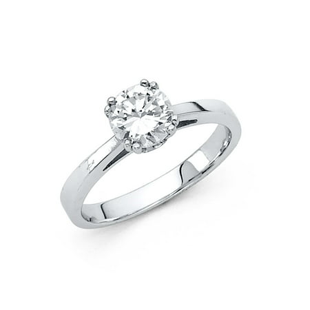 White Gold Engagement Brilliant Ring - 14K Solid White Gold Secure Double Prong Setting Round Brilliant Cut Solitaire Cubic Zirconia Engagement Ring, Size 6.5
