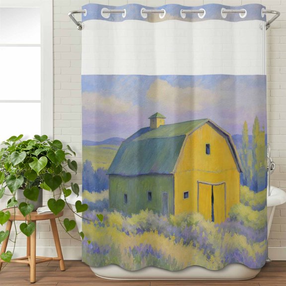 No Hook Shower Curtain with Snap in Liner, Pastoral Yellow Green Flower Waterproof Fabric Bathroom Curtain Mesh Top Window, Rural Oil Painting Art Shower Curtains 48x72in