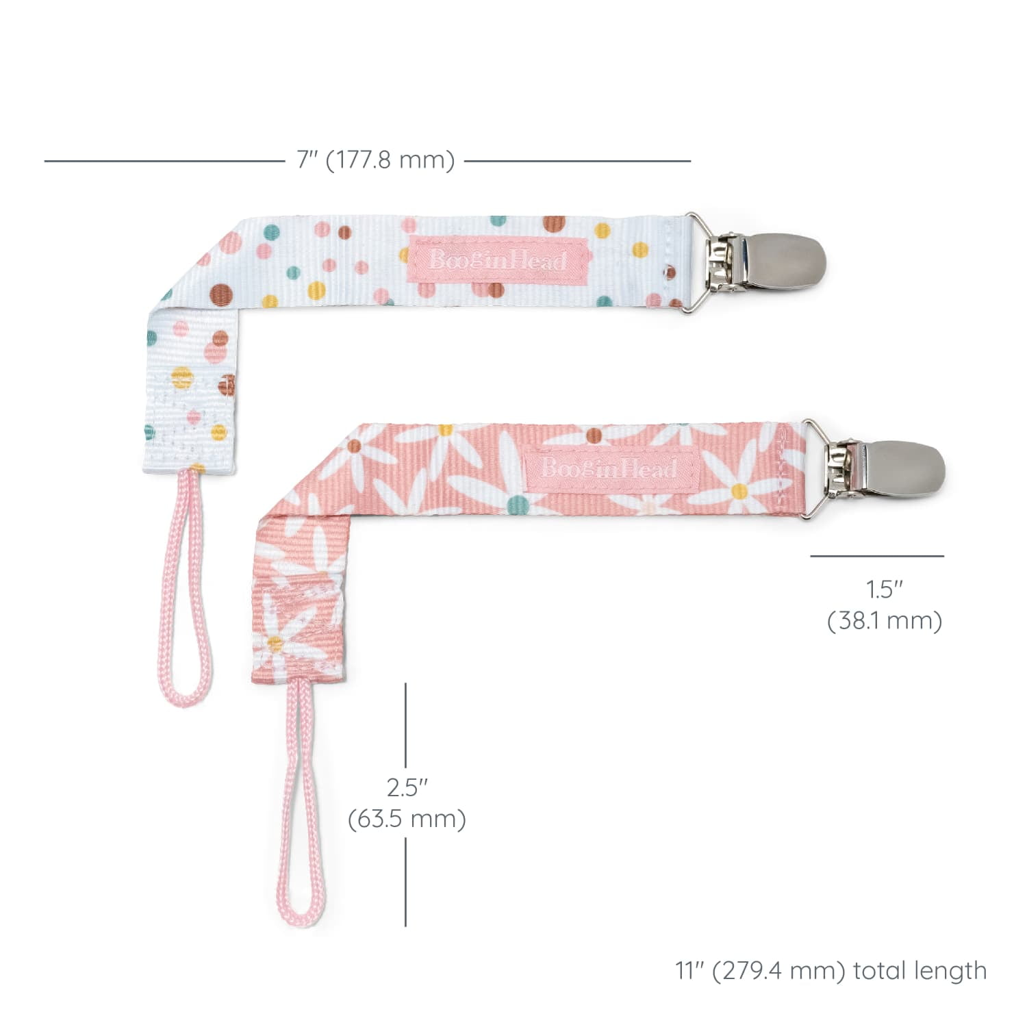 BooginHead PaciGrip by Infantino, Universal Pacifier Clips, Infant & Toddler Girls, Pink Daises, 2-Pack