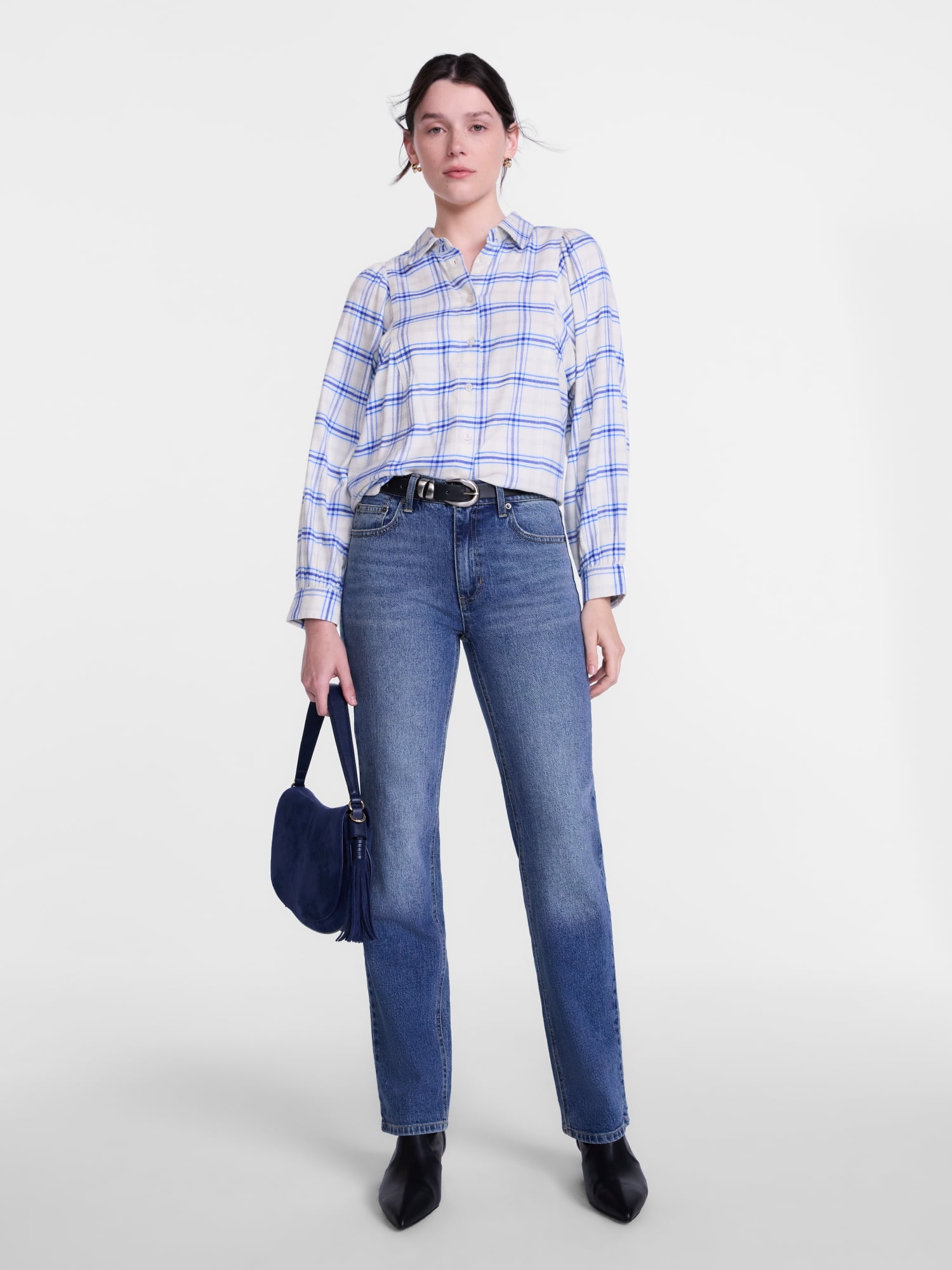 Scenario Women's Plaid Shirt with Long Puff Sleeves, Sizes XS-XXXL