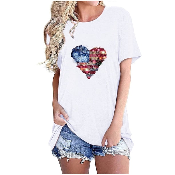Camisetas de Manga Corta para las Mujeres Día de la Independencia Impresión Básica Camiseta de Verano, Cuello Redondo Casual Camiseta Blusa