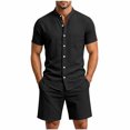 thumbnail image 2 of Maqroz 2 Piece Linen Shorts Set for Men Button Down Short Sleeve Shirt Elastic Waist Shorts Fashion Solid Casual Breathable Daily Wear with Pockets, 2 of 9
