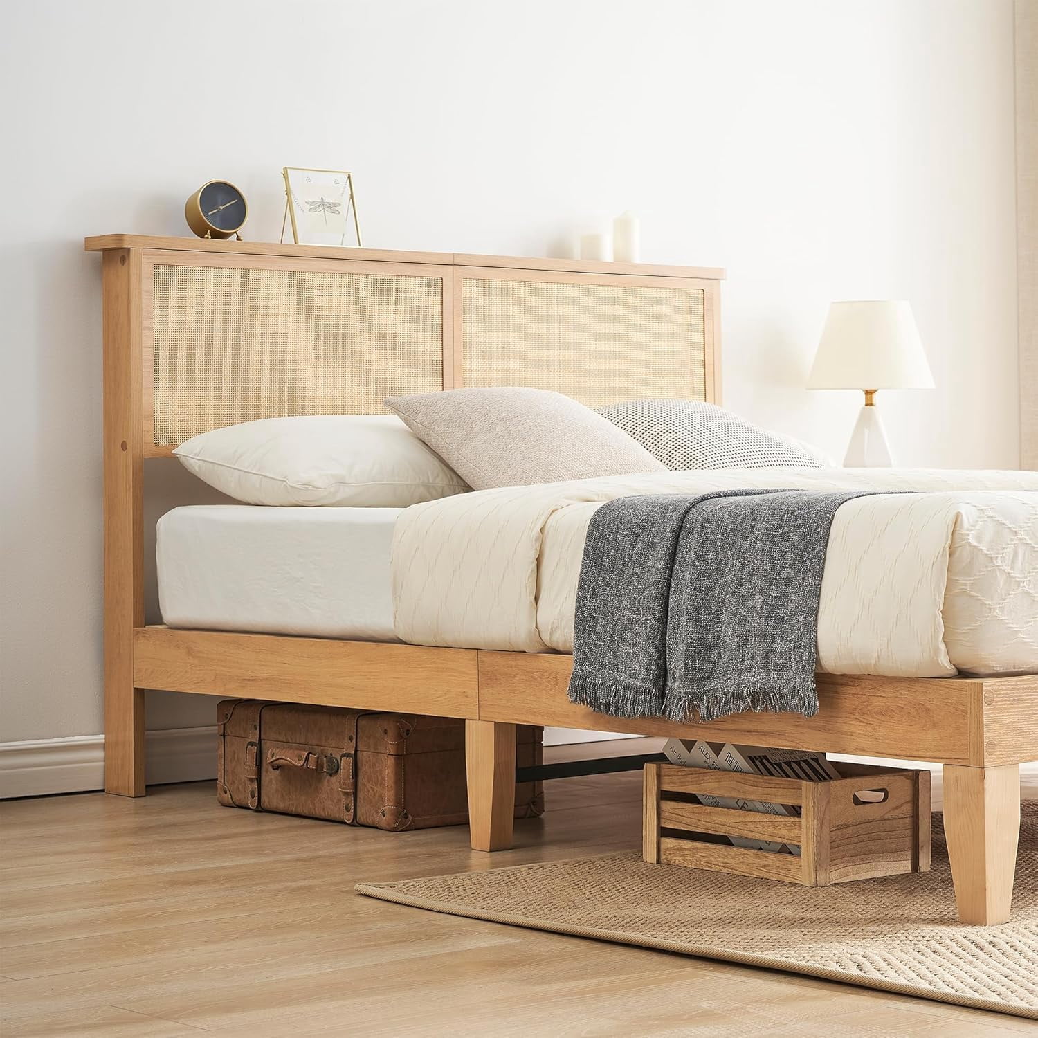 Eastvita King Size Bohemian Rattan Platform Bed Frame - Natural Headboard, LED Lights, Solid Wood Silent Slats