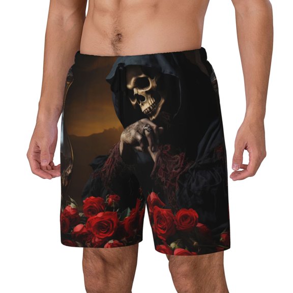 Rateoe Elegant Rose Skull Pattern Men’s Swim Shorts with Compression Liner – Double-Layered Quick-Dry Swimwear, Comfortable & Stretchy Beach Shorts-Small