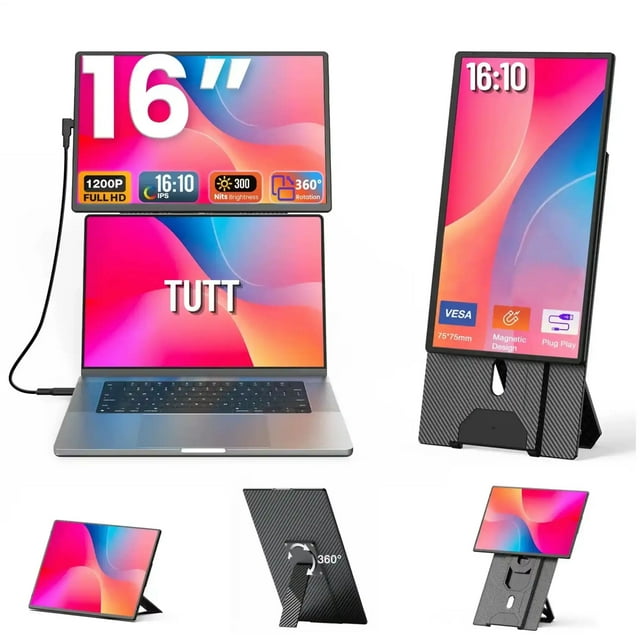 TUTT Rallonge d'Écran d'Ordinateur Portable 16 Pouces avec Support, Ratio 16:10, USB-C/HDMI + Haut-Parleur / Moniteur Portable à Multiples Positions / Recharge Inversée, Prêt à l'Emploi pour Mac/OS/Wins/Chrome/Dex N2