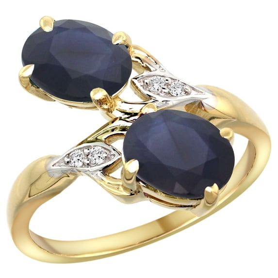 14k Yellow Gold Diamond Natural HQ Blue Sapphire & Australian Sapphire 2-stone Ring Oval 8x6mm, size 9