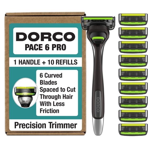 Dorco Pace 6 Pro - Six Blade Razor System with Trimmer - 10 Pack (1 Handle 10 Cartridges)