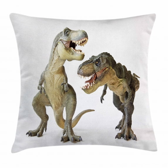 Dinosaur Throw Pillow Cushion Cover, Tyrannosaurus Rex Pair Facing Off Ferocious Creatures Prehistoric Predators, Decorative Square Accent Pillow Case, 20 X 20 Inches, Ivory Brown Grey, by Ambesonne