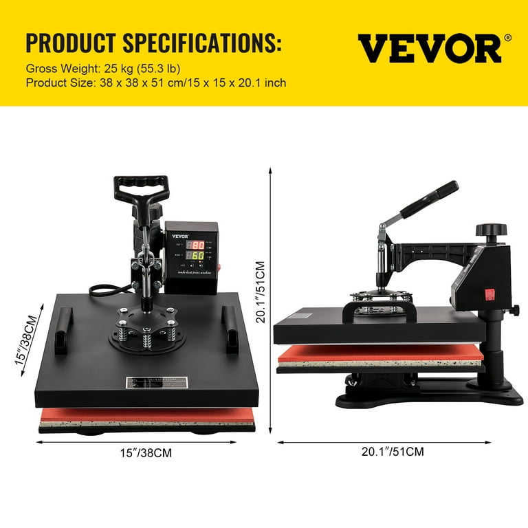 VEVOR Heat Press Machine 8 in 1 Combo Heat Press 15 x 15 Inch Heat Transfer  Machine 360-Degree Swing Away Digital Shirt Printing Multifunction